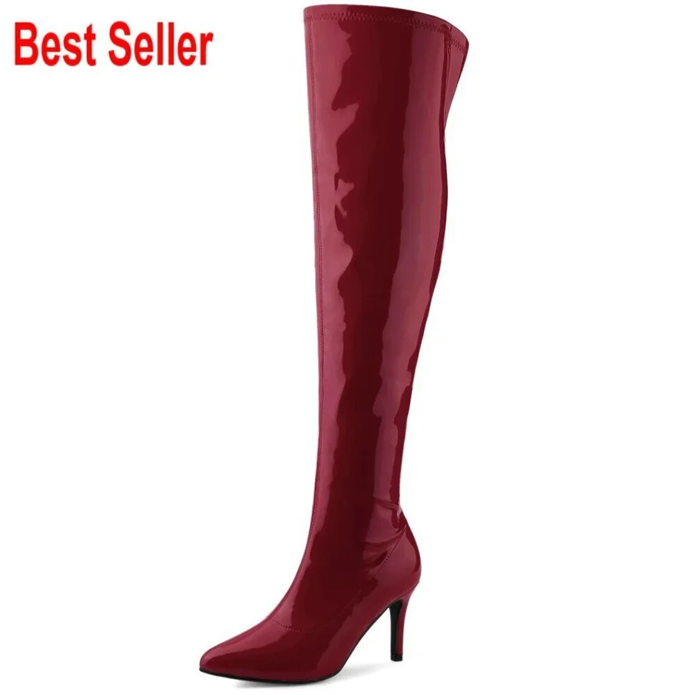Patent Leather Over The Knee Boots with Stiletto Heels and Pointed Toe